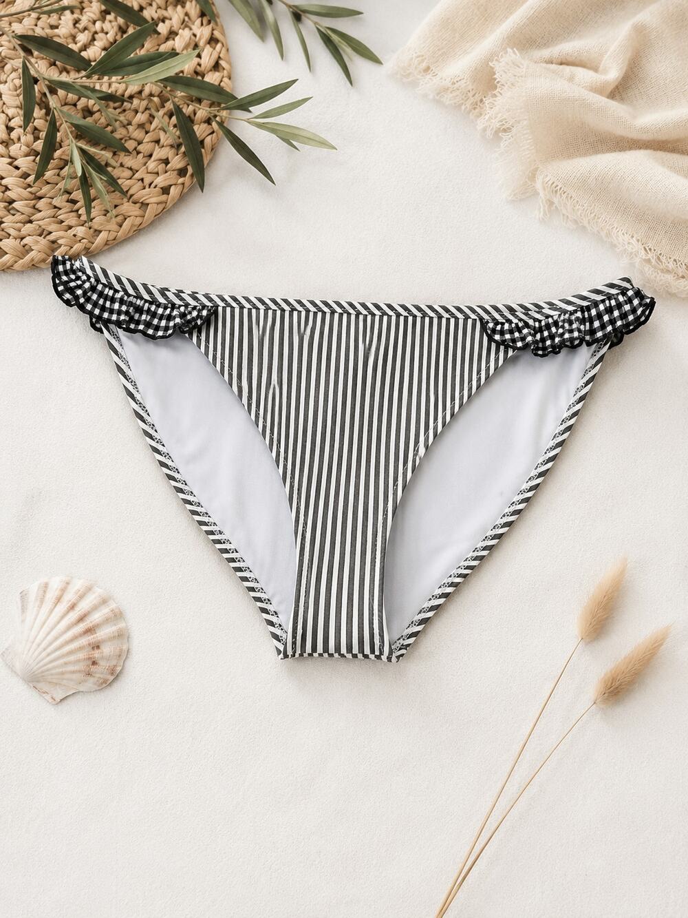 NWT Aerie Women's Seersucker Striped Ruffle Bikini Bottom Gray/White Size M